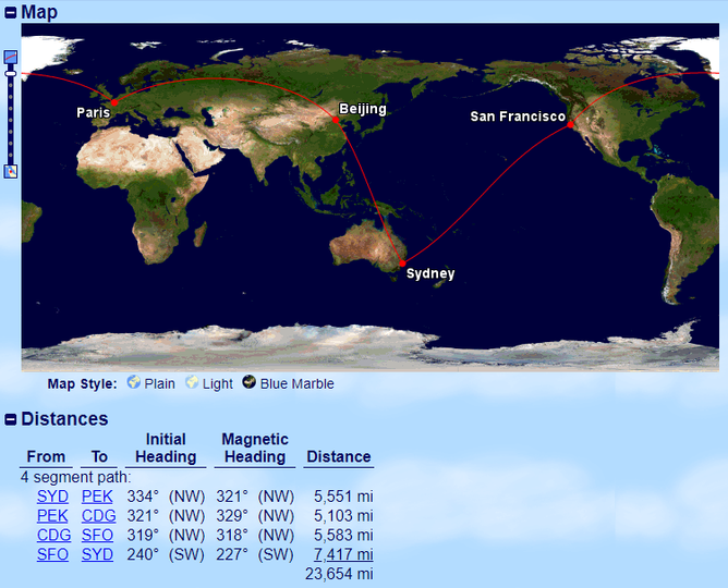 This simple trip from Sydney to Beijing, Paris, San Francisco and back follows all the rules and comes to 23,654 miles
